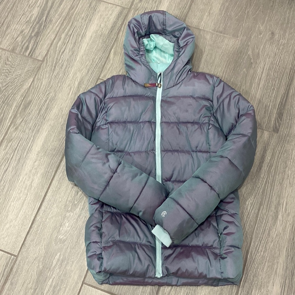Champion Girls Size X-Large 14-16 Purple Turquoise Puffer Fleece Coat With Hood